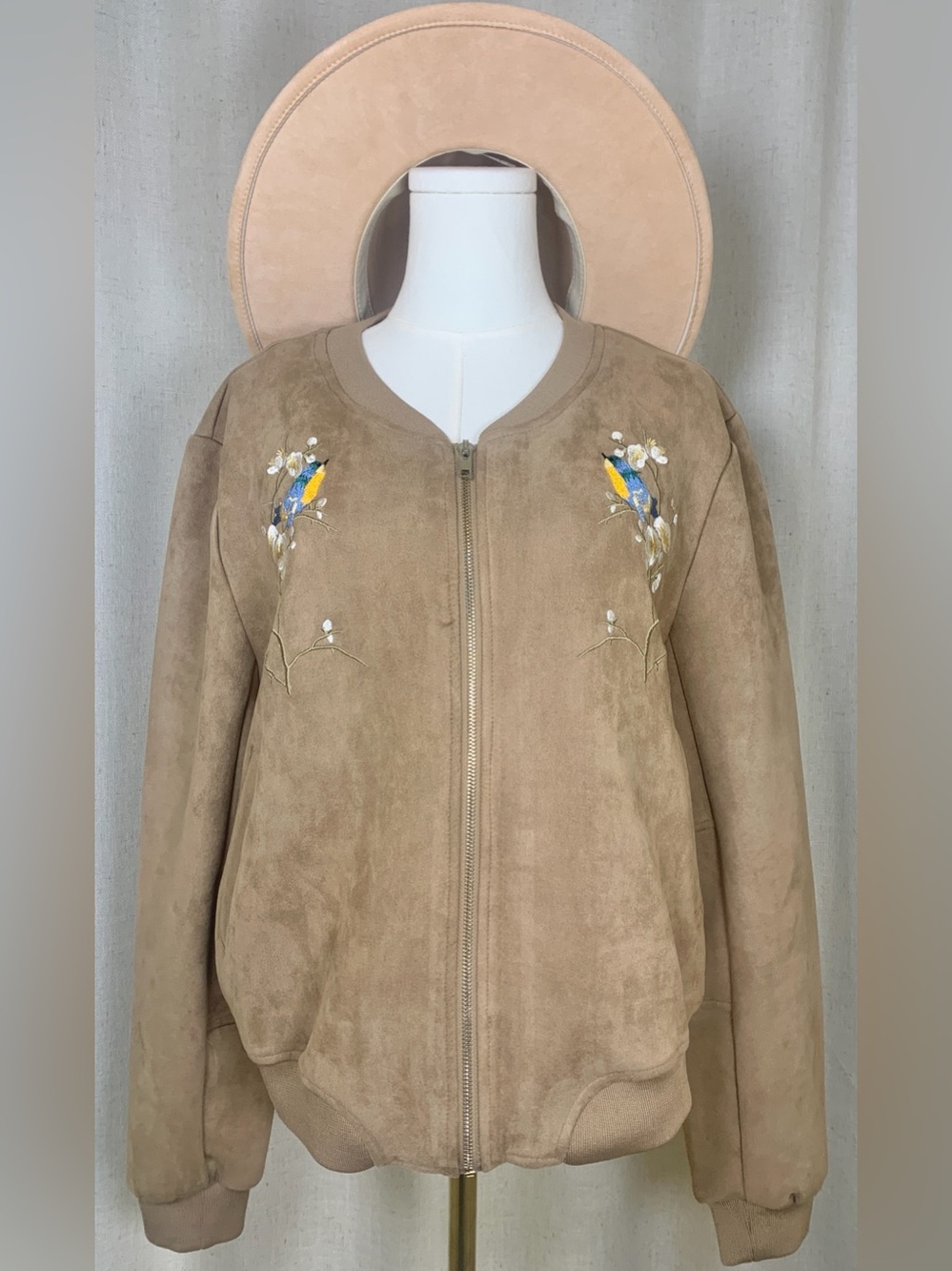 Solitaire by Anthropologie Faux Suede Embroidered Bird Bomber Jacket